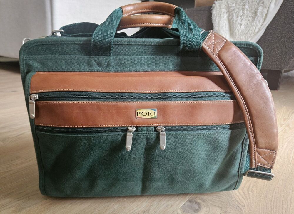 Vintage PORT Messenger Laptop Bag Canvas Leather Crossbody Strap Kelly Green